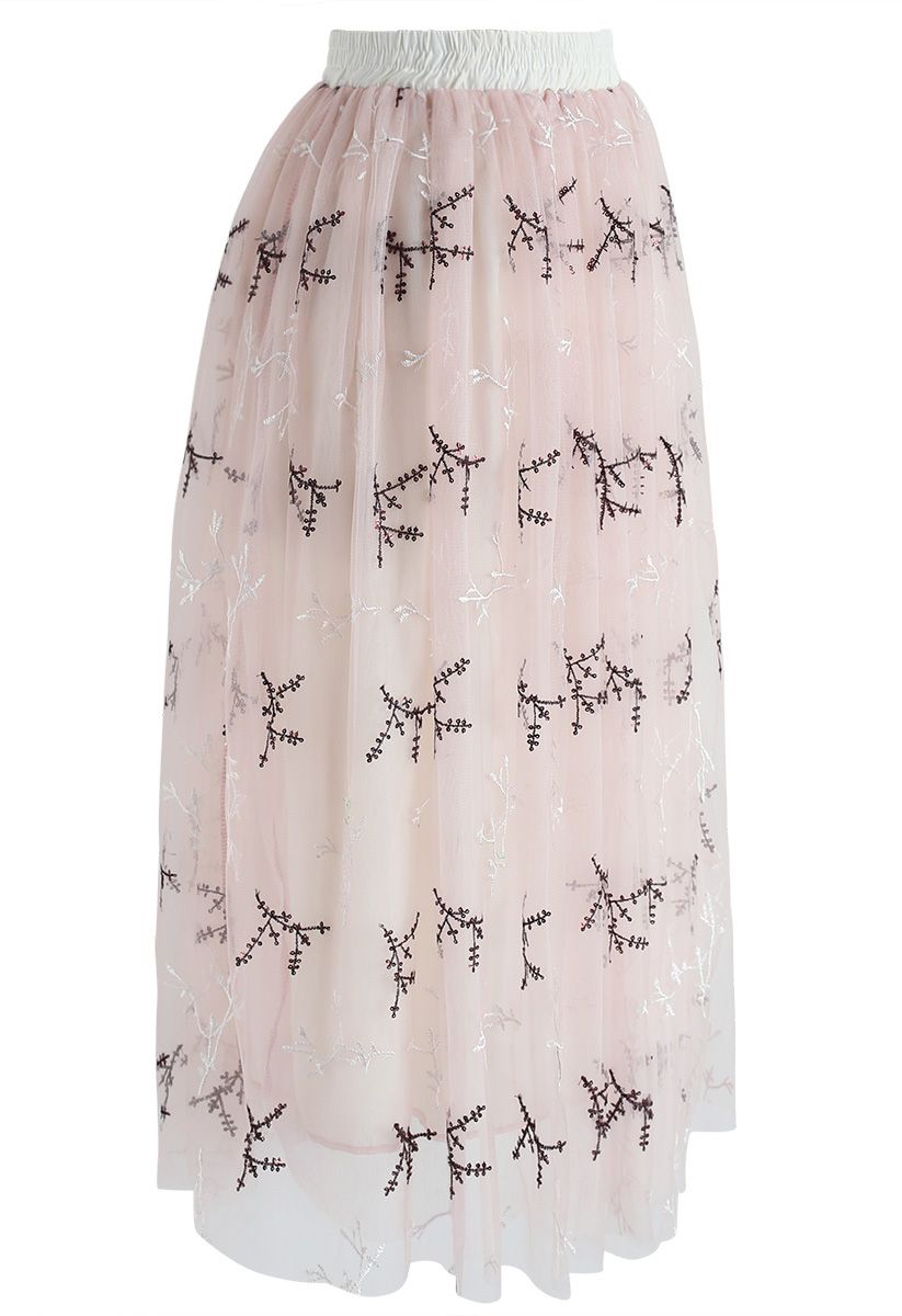 Ethereal Floret Tulle Mesh Skirt in Pink