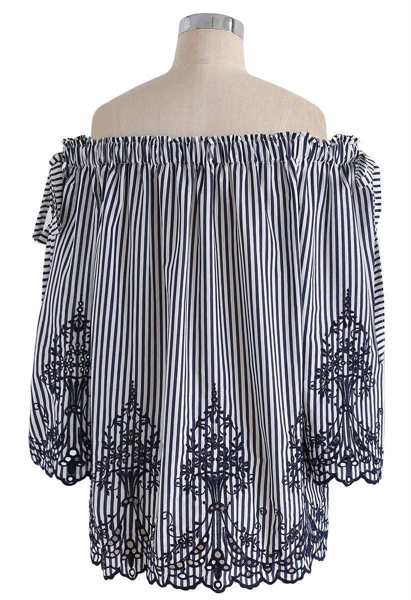 Dual Bowknot Stripes Embroidered Off-Shoulder Top in Navy 