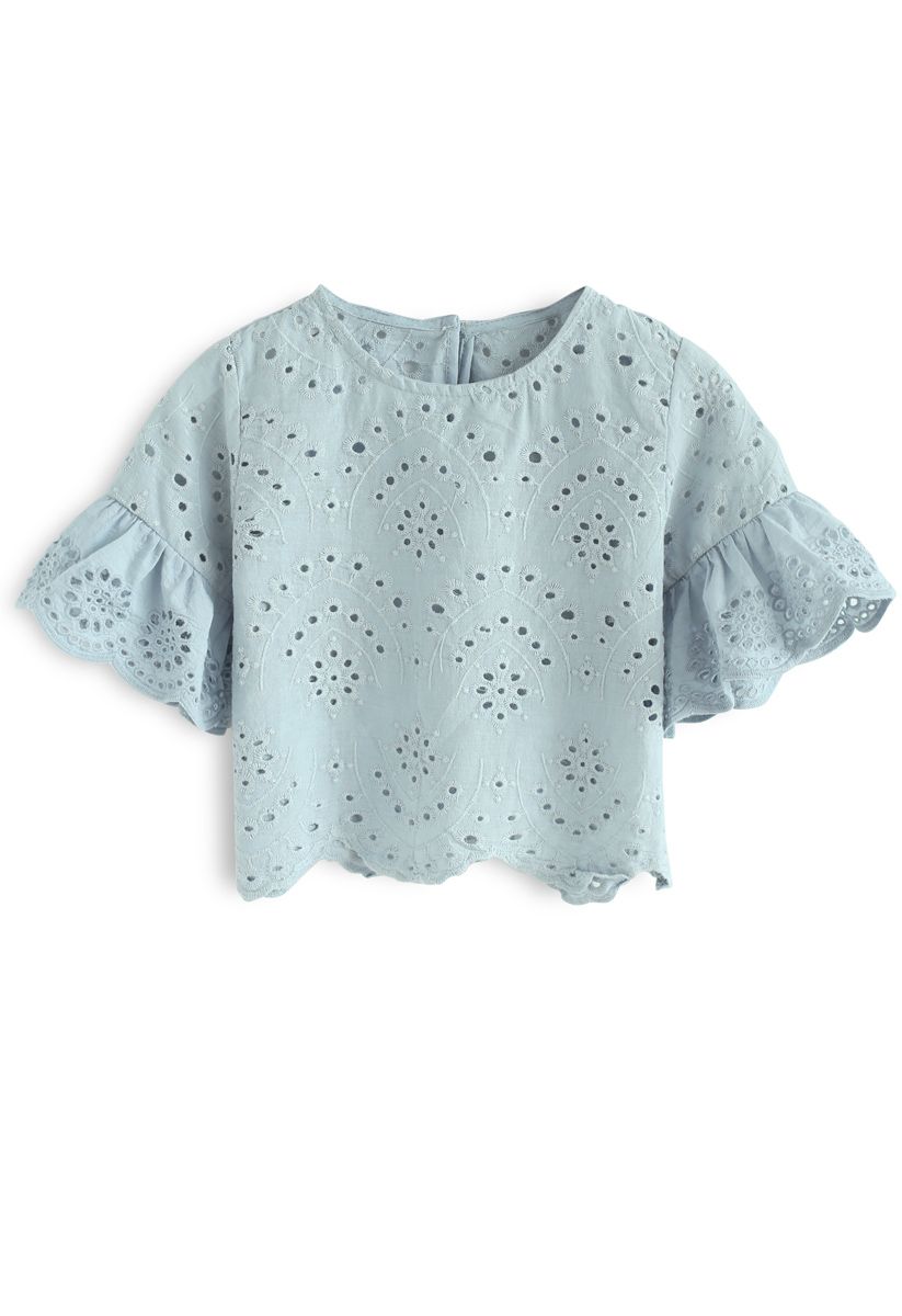 Eyelet Beauty Top and Skirt Set in Dusty Blue For Kids