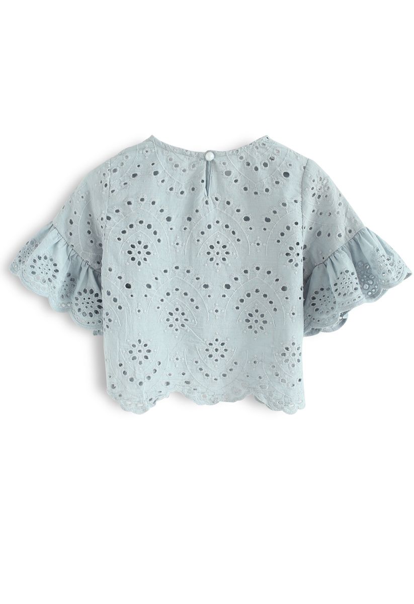 Eyelet Beauty Top and Skirt Set in Dusty Blue For Kids