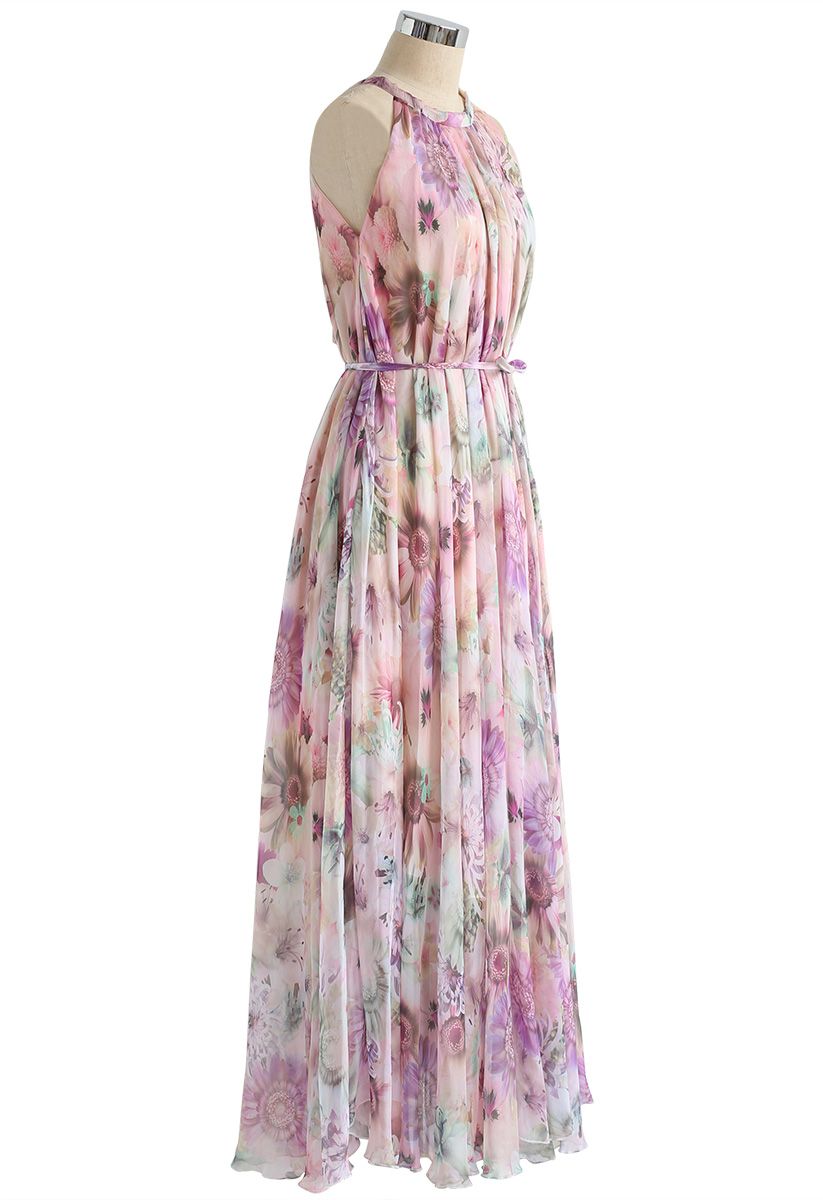 Sunflower Blossom Watercolor Chiffon Maxi Slip Dress