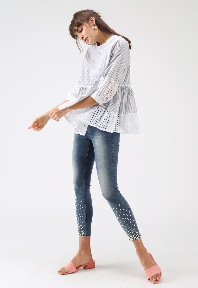 Eyelet Glee Striped Dolly Top in White