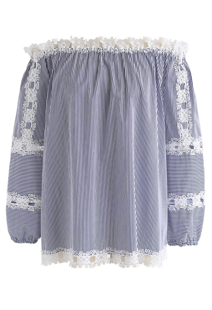 Within The Crochet Off-Shoulder Top in Blue Stripes
