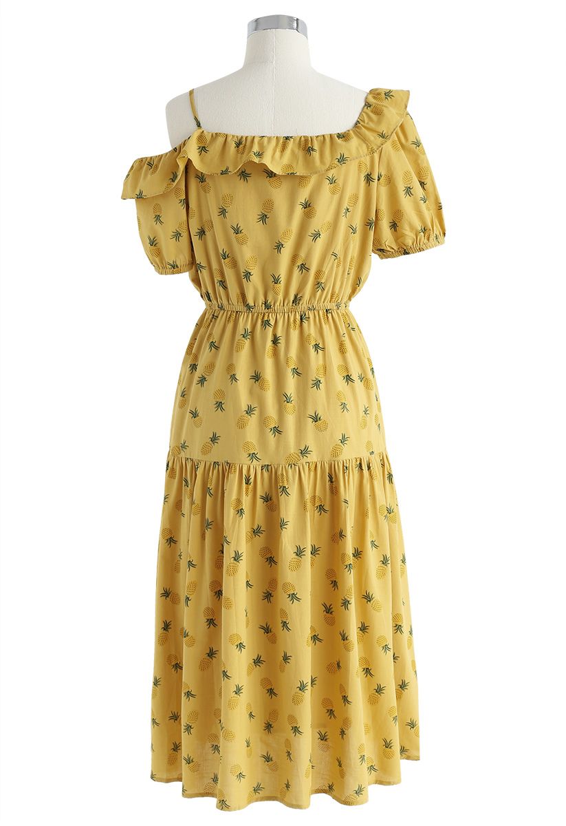 Pineapple Illusion Cold-Shoulder Dress in Yellow