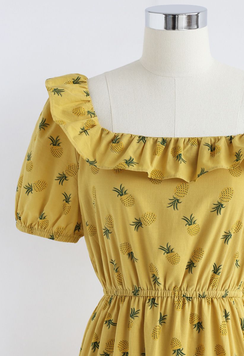 Pineapple Illusion Cold-Shoulder Dress in Yellow