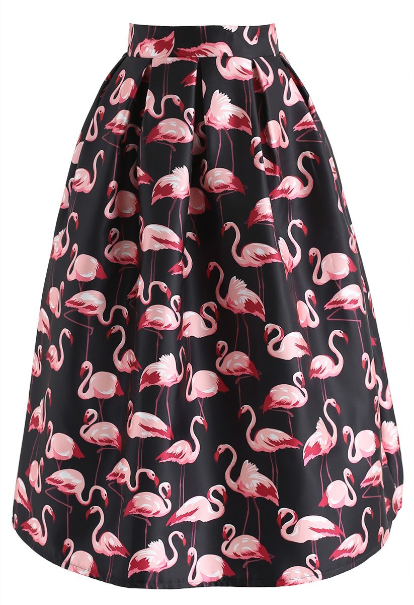 Pink Flamingo Printed Midi Skirt in Black
