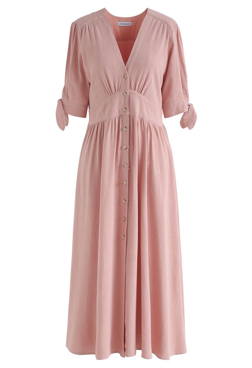 Summer Edition Button Down V-Neck Dress in Peach
