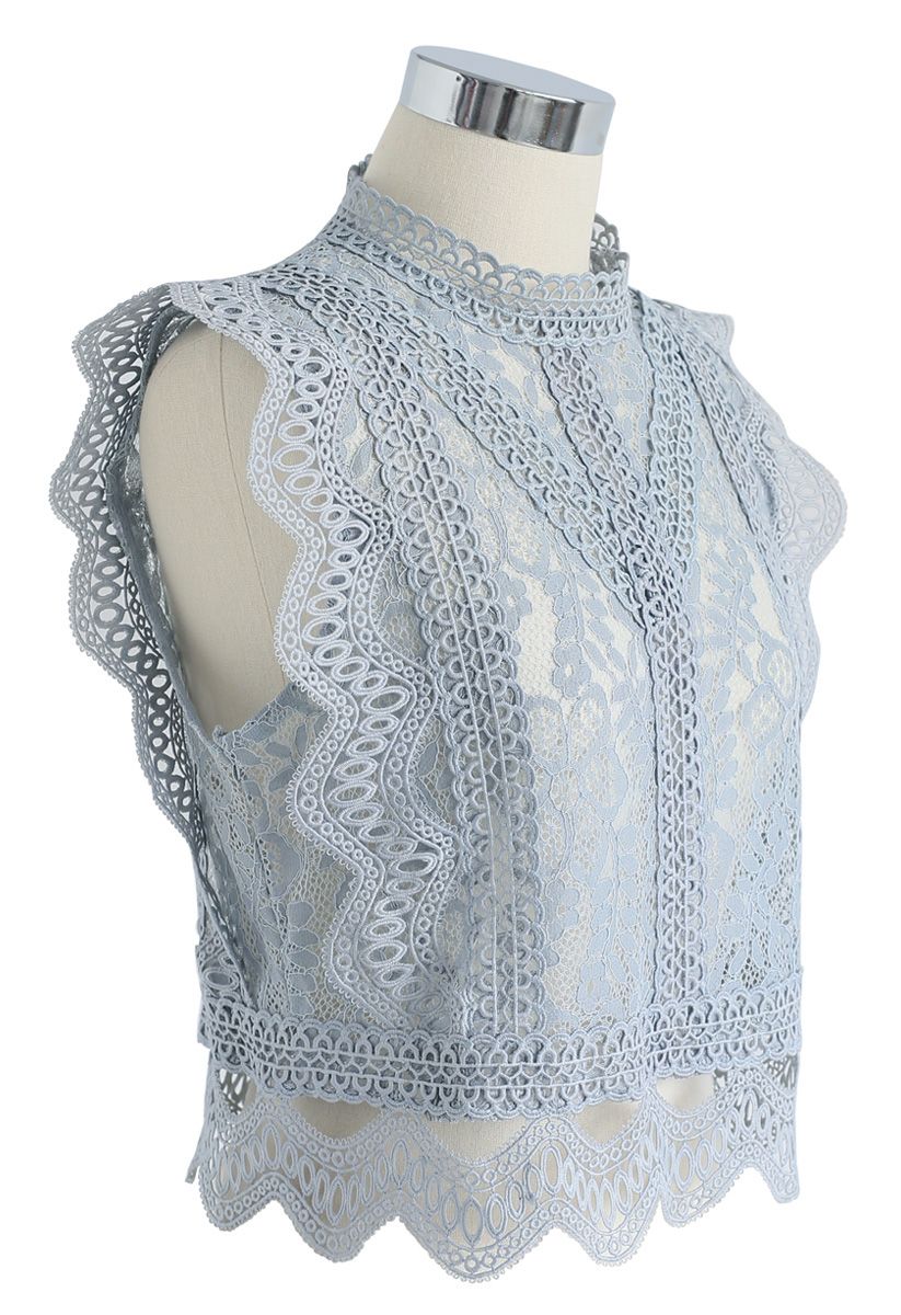 Your Sassy Start Sleeveless Crochet Lace Top in Dusty Blue