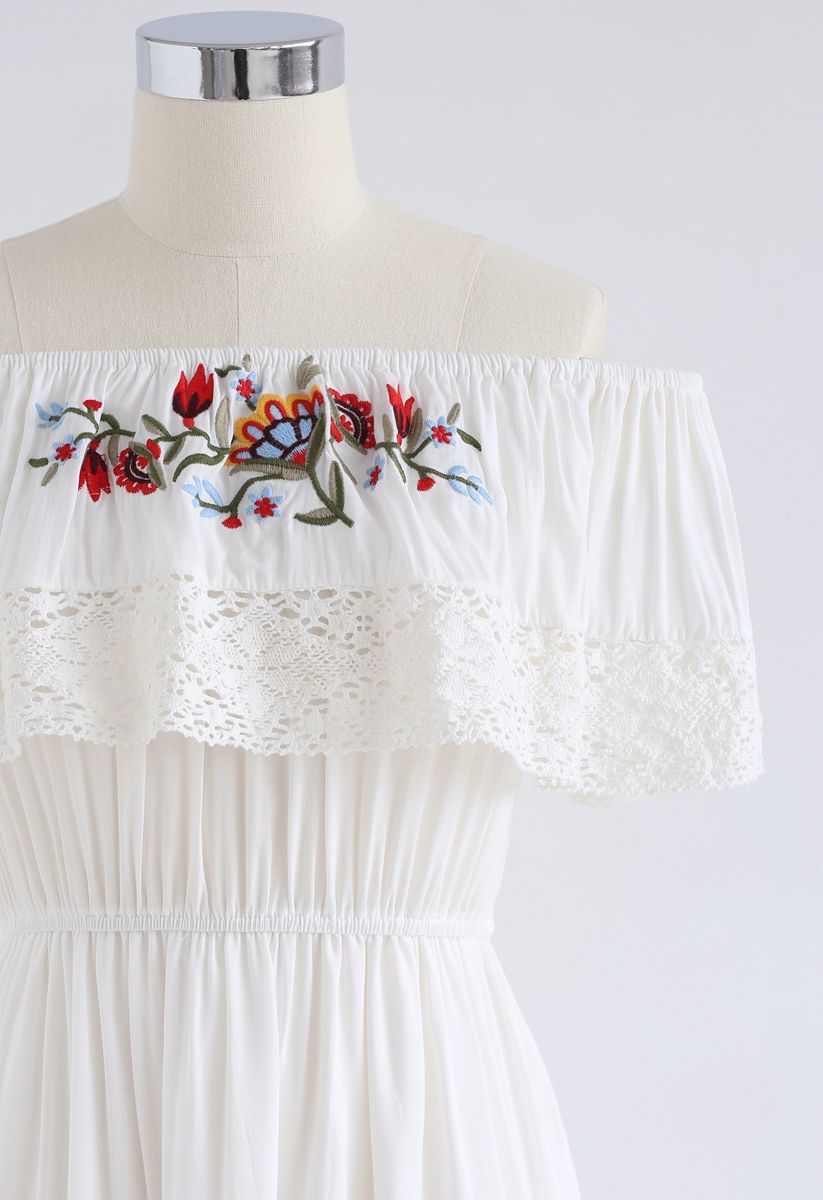 Tender with Flower Embroidered Off-Shoulder Dress in White
