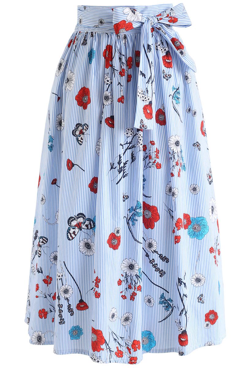 Floral Scene with Stripes Midi Skirt in Blue - Retro, Indie and Unique ...