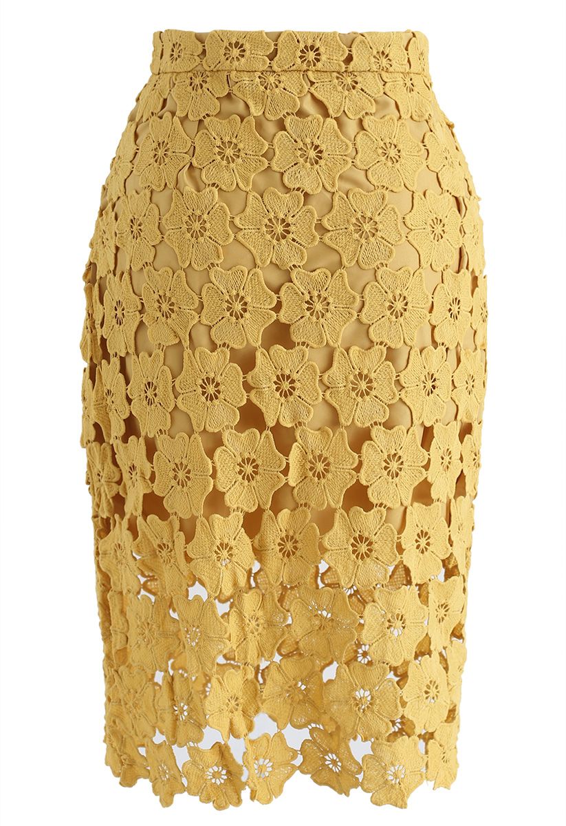 Delicate Full Floral Crochet Pencil Skirt in Yellow