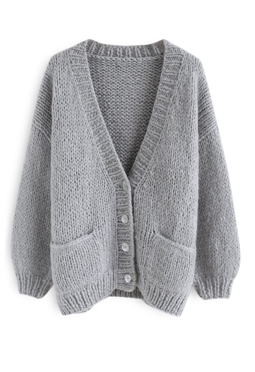 Pause for the Cozy Chunky Hand Knit Cardigan in Grey - Retro