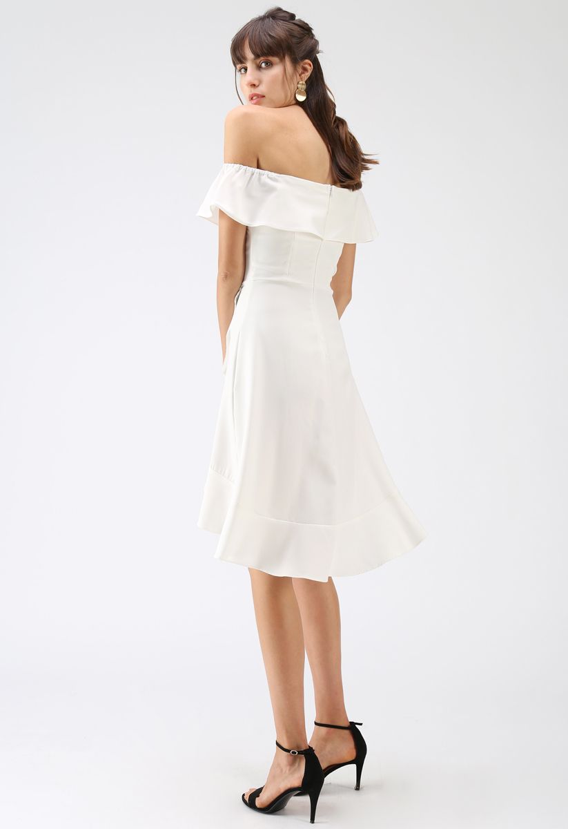 On-Going Love Asymmetric Ruffle Off-Shoulder Dress in White