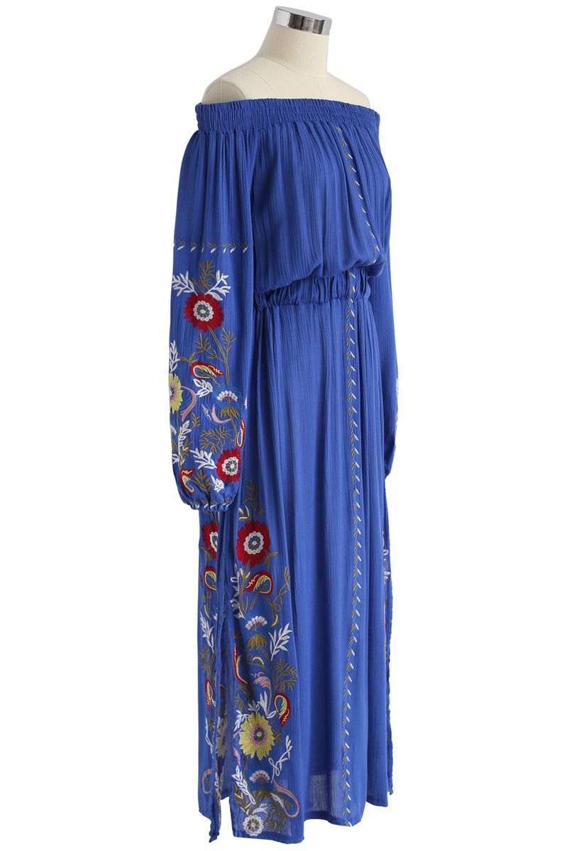 Sunshine Vibe Embroidered Off-Shoulder Dress in Royal Blue