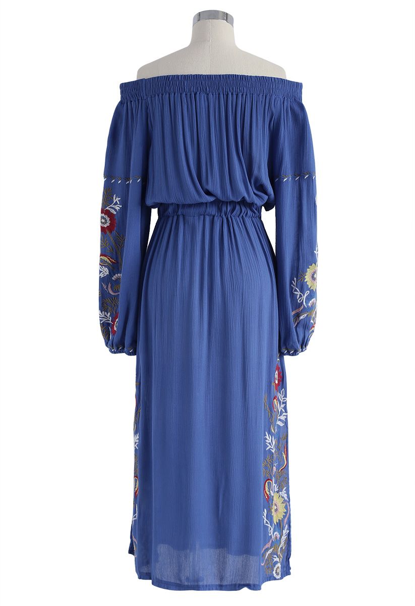 Sunshine Vibe Embroidered Off-Shoulder Dress in Royal Blue