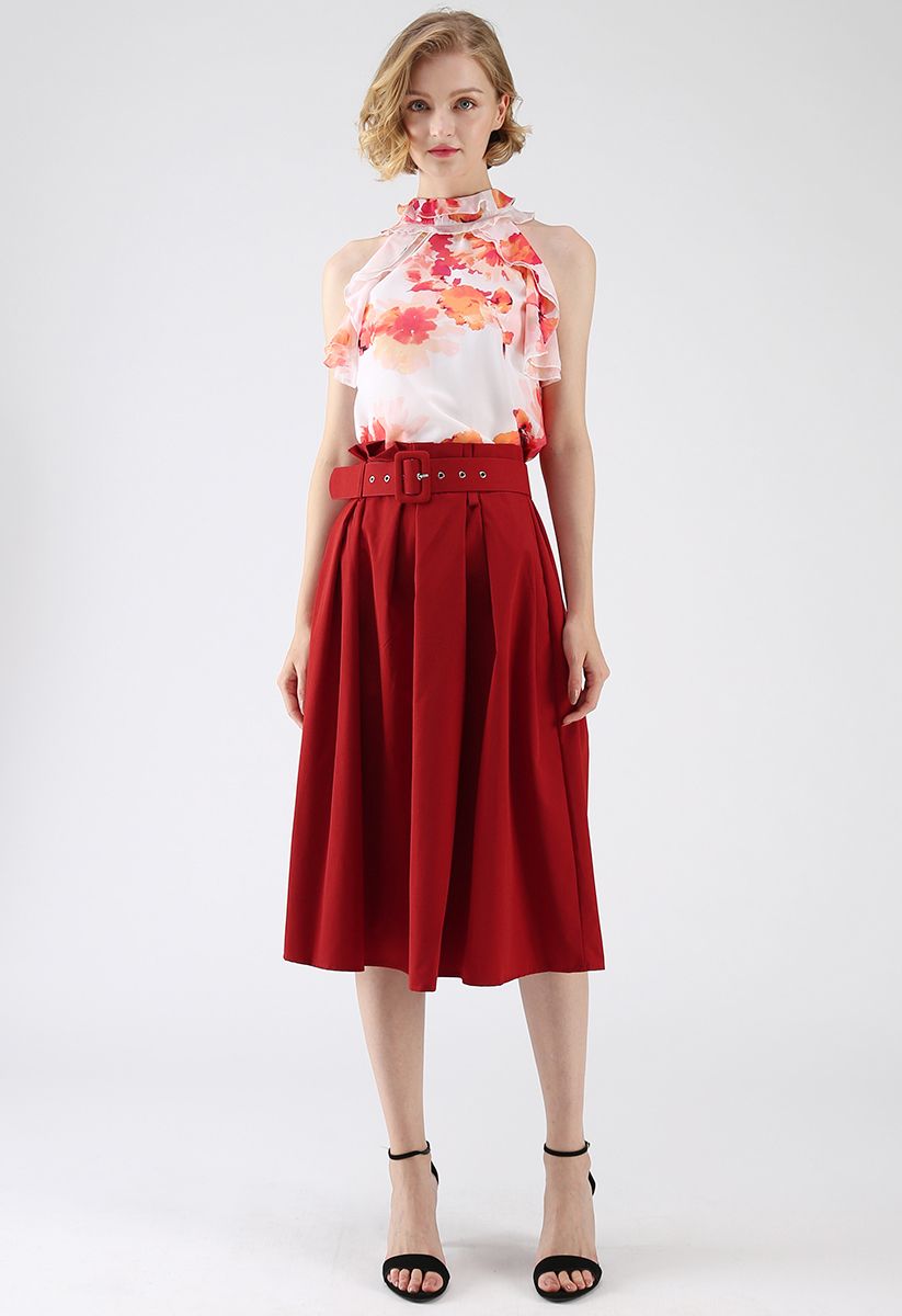 Keep Me Satisfied Belted A-Line Skirt in Red