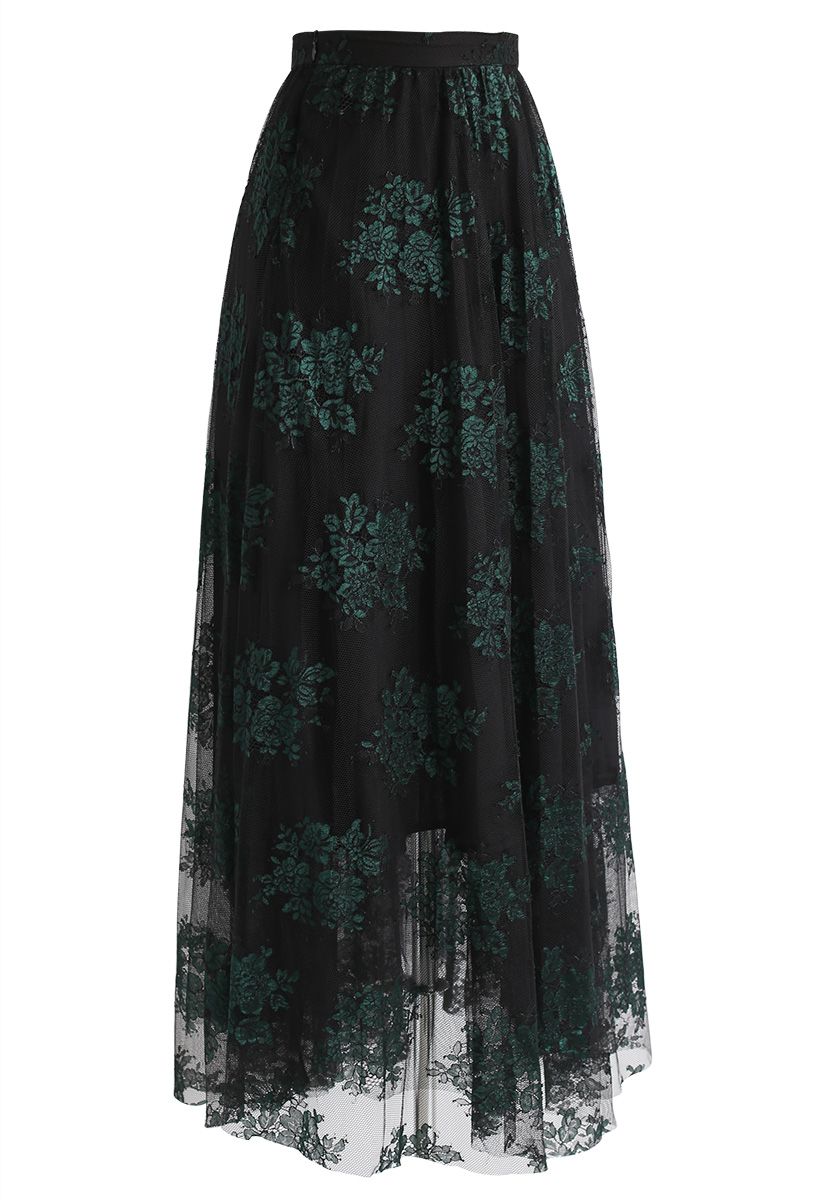 Bouquets Full Lace Maxi Skirt in Black