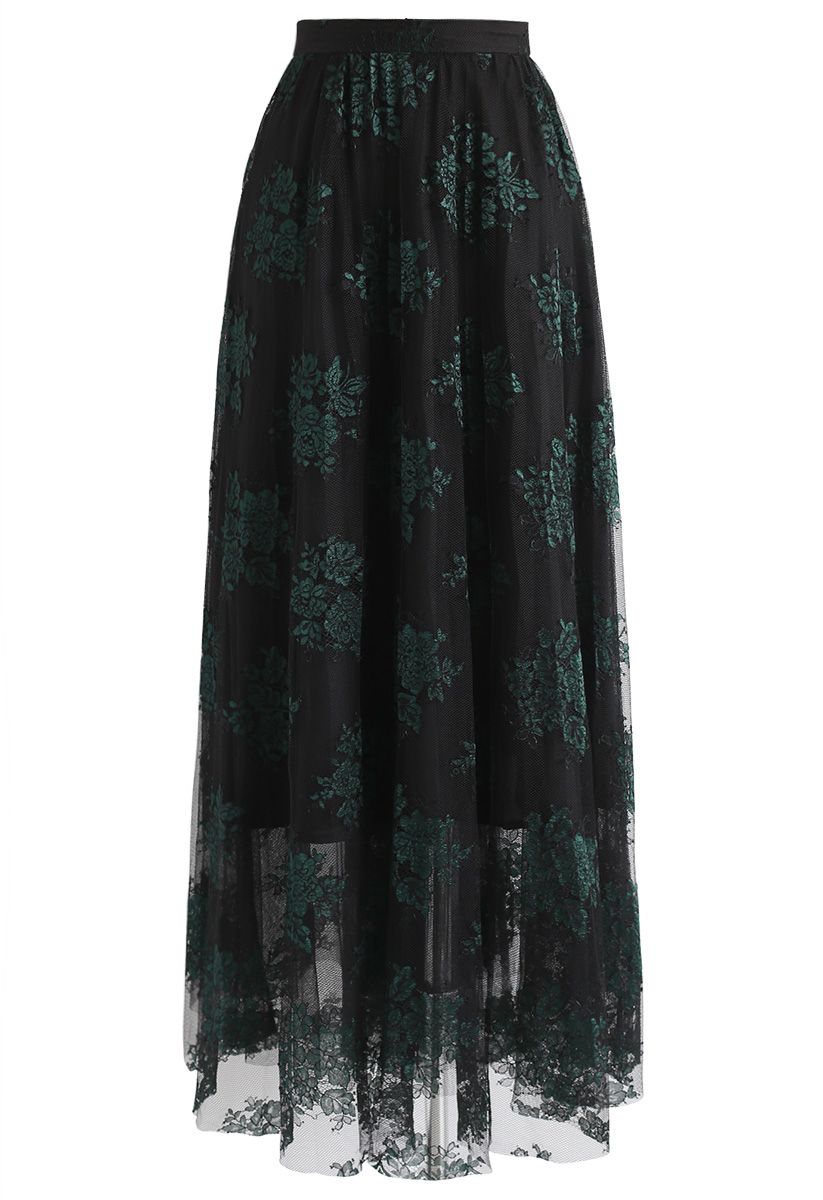 Bouquets Full Lace Maxi Skirt in Black