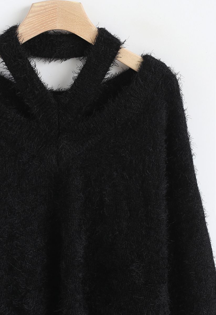 Keep Me Cozy Fluffy Cold-Shoulder Knit Sweater in Black