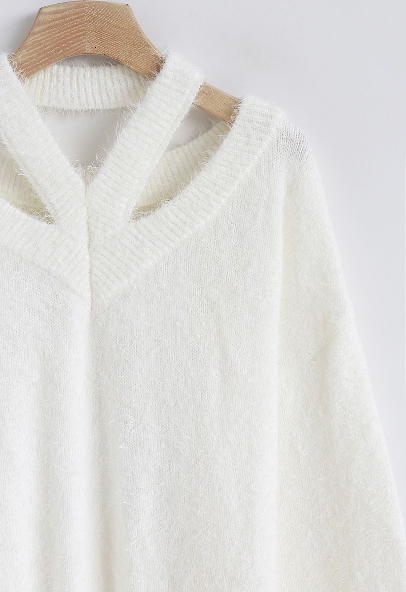 Keep Me Cozy Fluffy Cold-Shoulder Knit Sweater in White