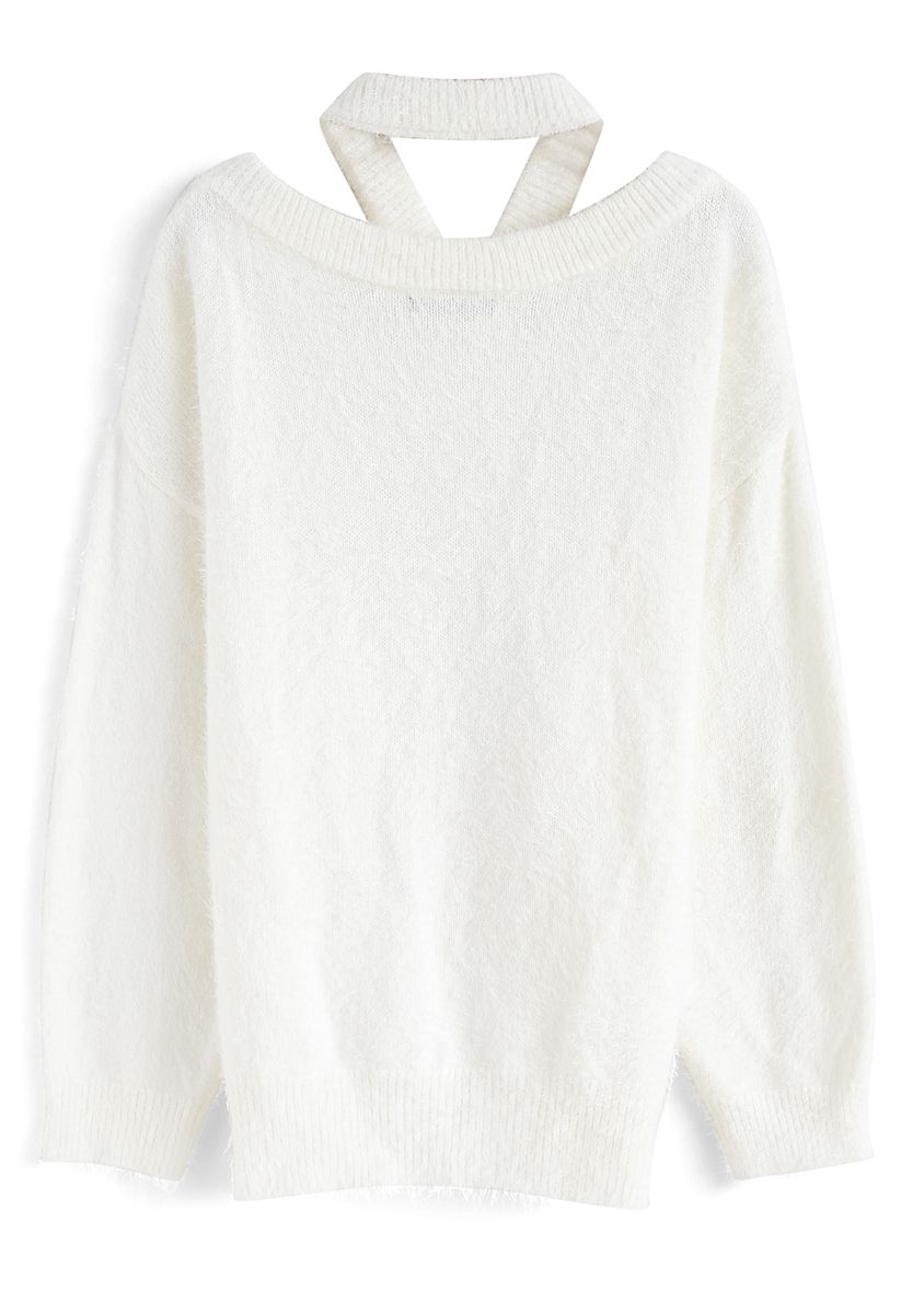 Keep Me Cozy Fluffy Cold-Shoulder Knit Sweater in White