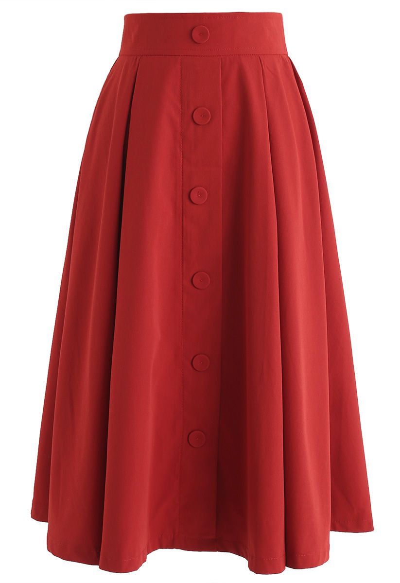 Base Color A-Line Midi Skirt in Red