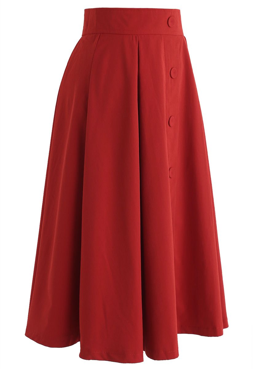 Base Color A-Line Midi Skirt in Red