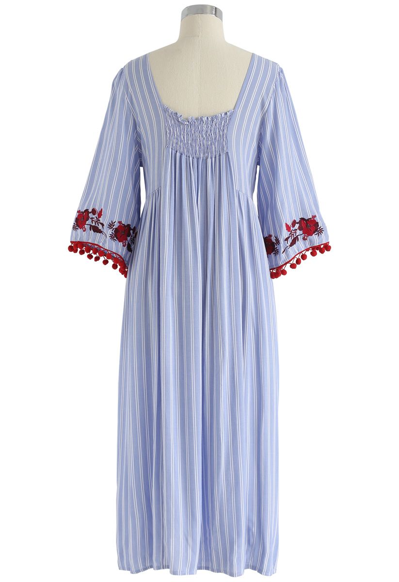 High Hopes Floral Embroidered Stripes Dress in Blue