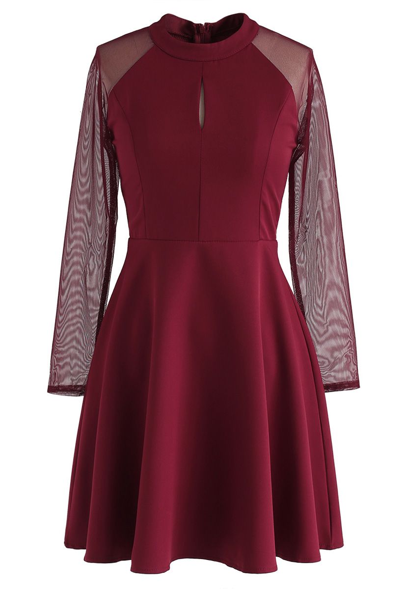 Elegant Edition Mesh Sleeves Dress in Red