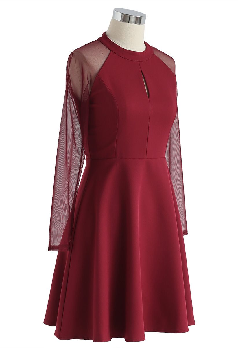 Elegant Edition Mesh Sleeves Dress in Red - Retro, Indie and Unique Fashion