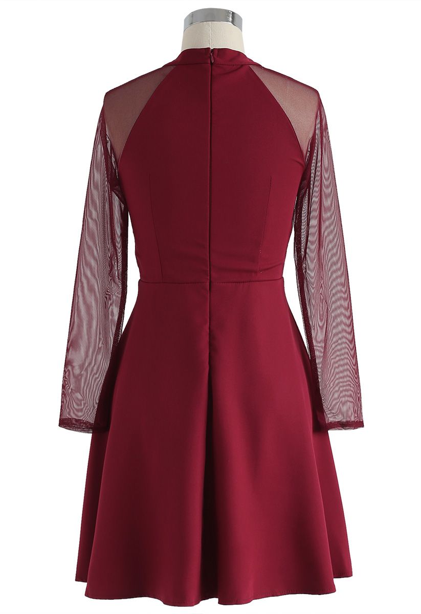 Elegant Edition Mesh Sleeves Dress in Red