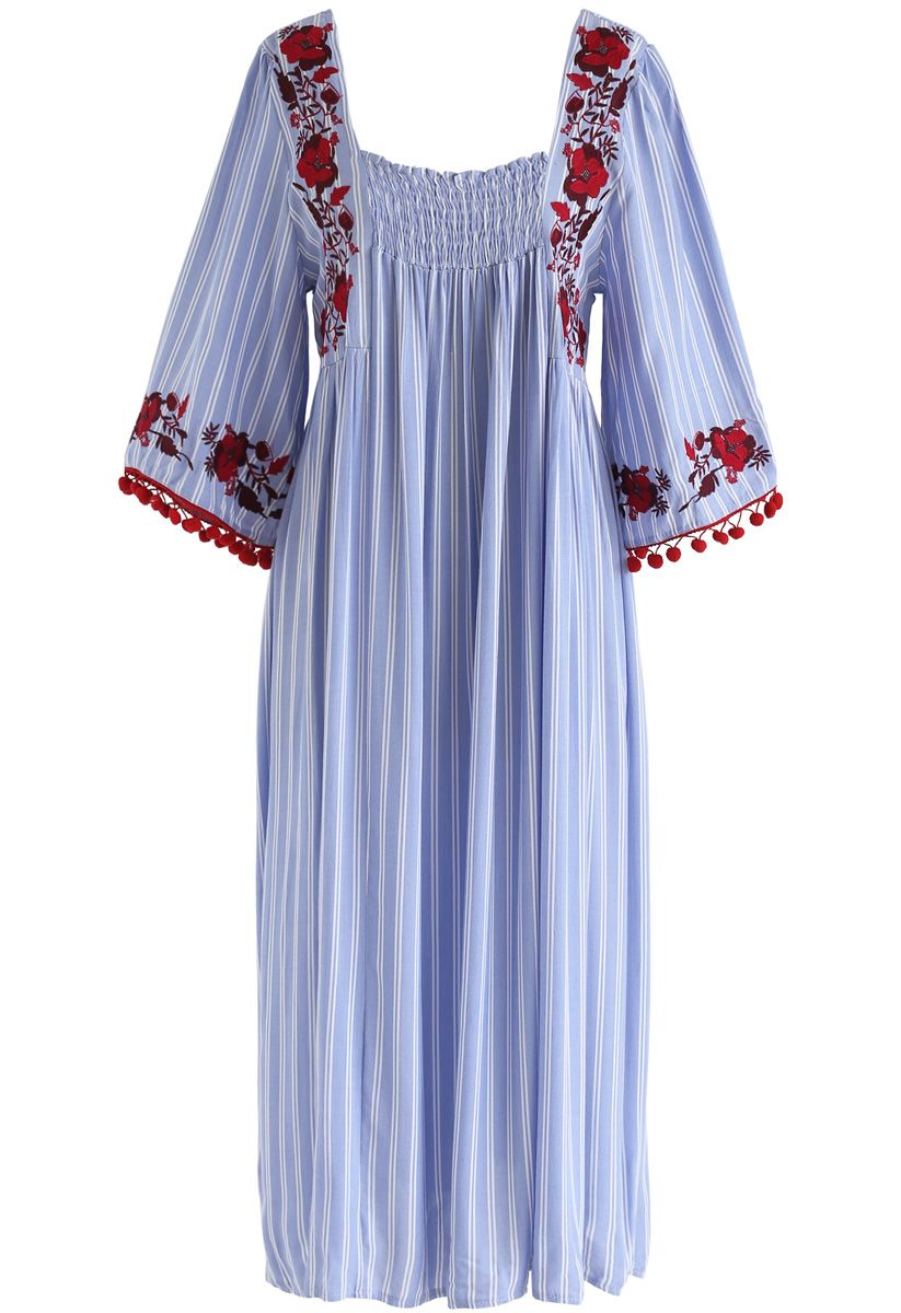 High Hopes Floral Embroidered Stripes Dress in Blue