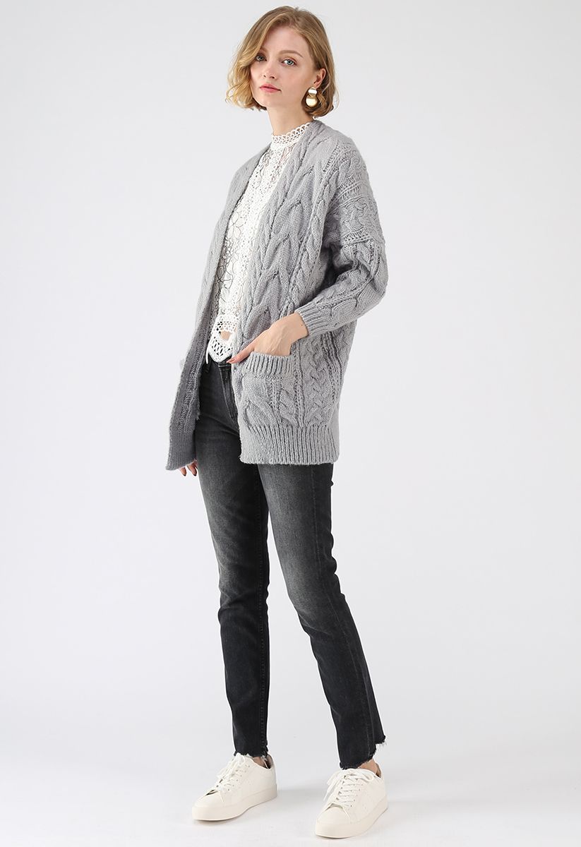 Love Lies Chunky Cable Cardigan in Grey