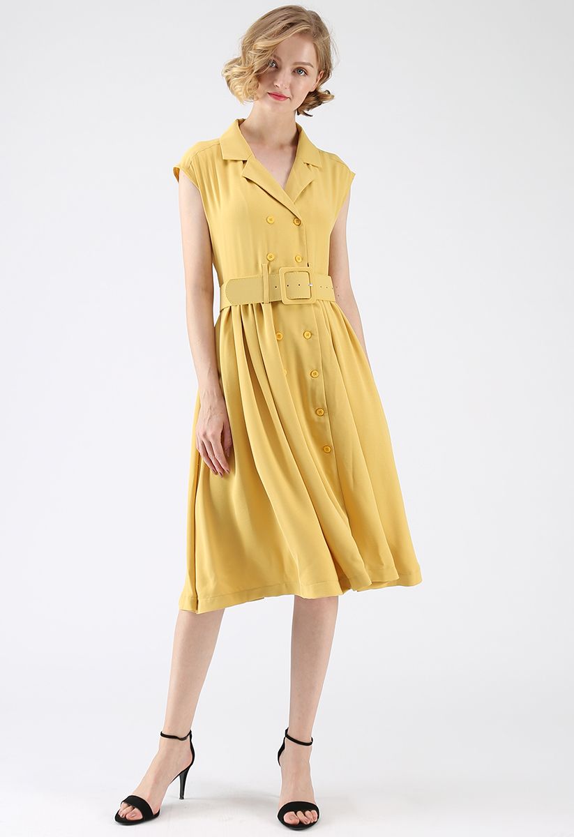 Release in Double-Breasted Sleeveless Dress in Mustard