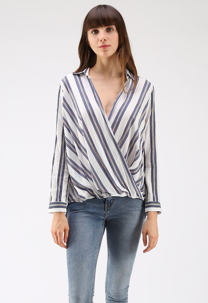 Make Things Right Wrap Top in Blue Stripes