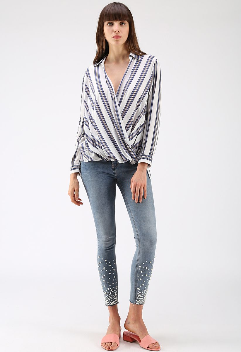 Make Things Right Wrap Top in Blue Stripes