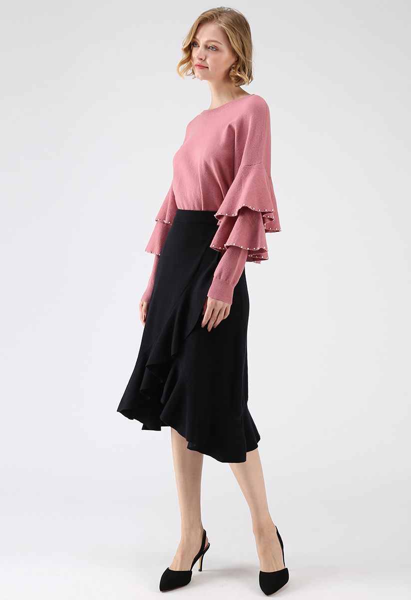 Yes Indeed Two-Tiered Bell Sleeves Sweater in Pink