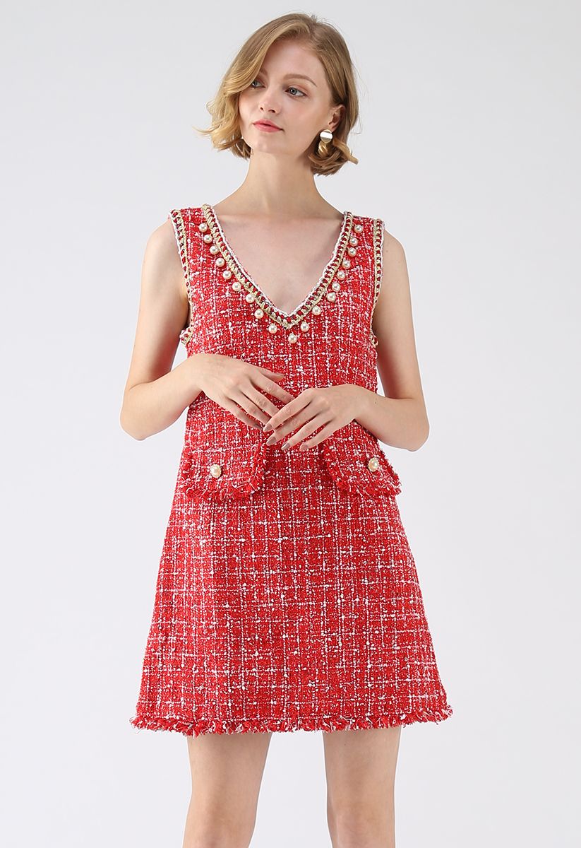 It Was Love Tweed V-Neck Shift Dress in Red
