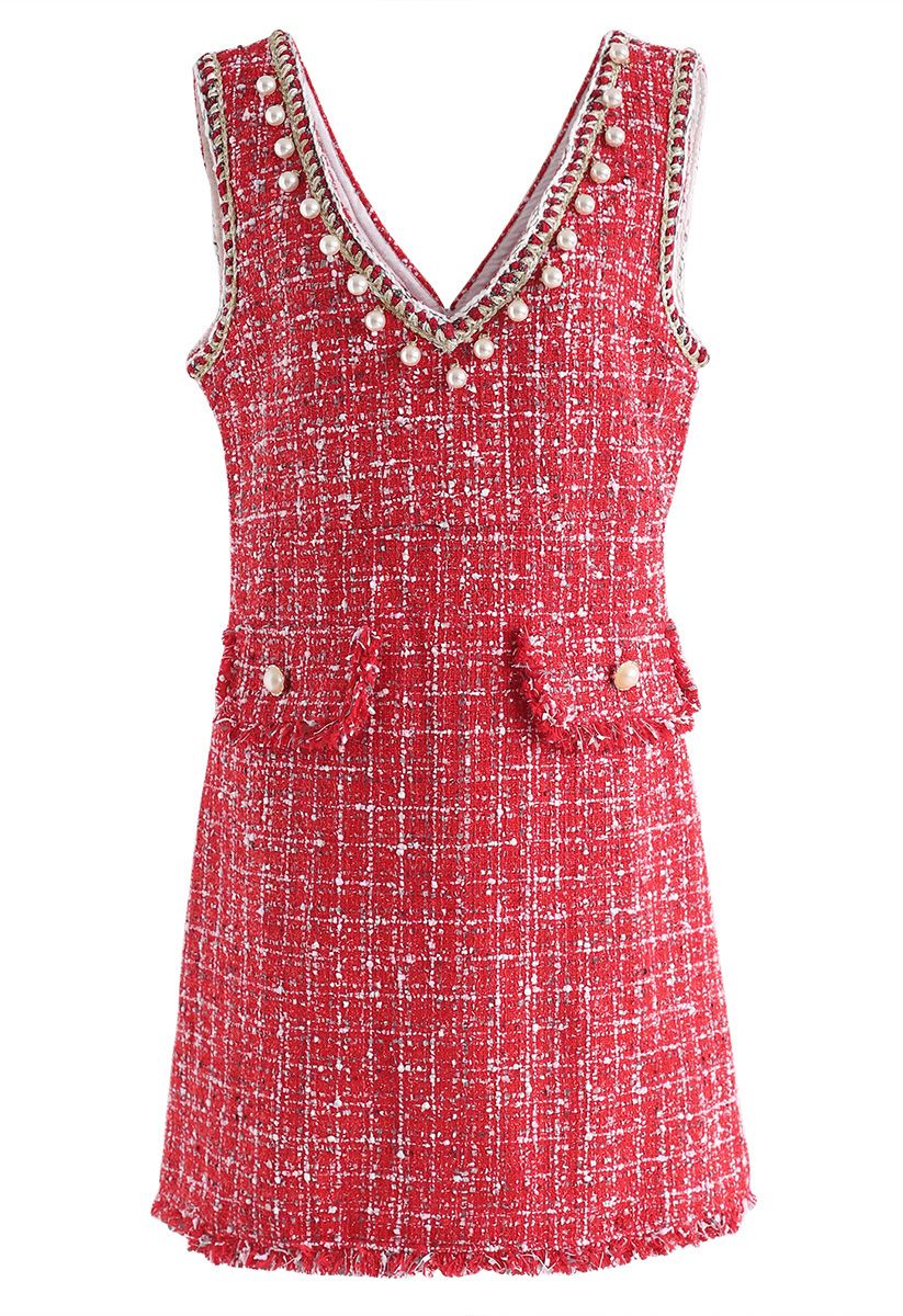 It Was Love Tweed V-Neck Shift Dress in Red