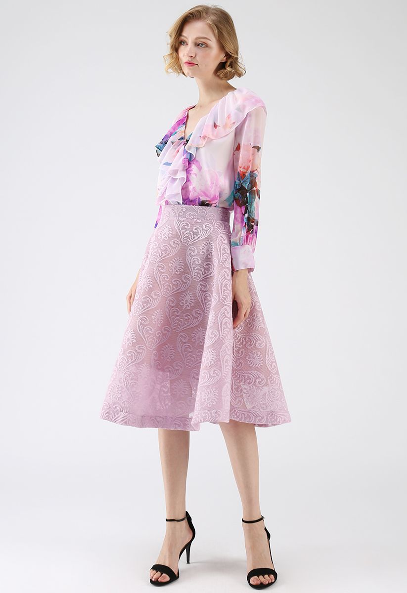 Always Pretty Honeycomb Embroidered Midi Skirt in Pink