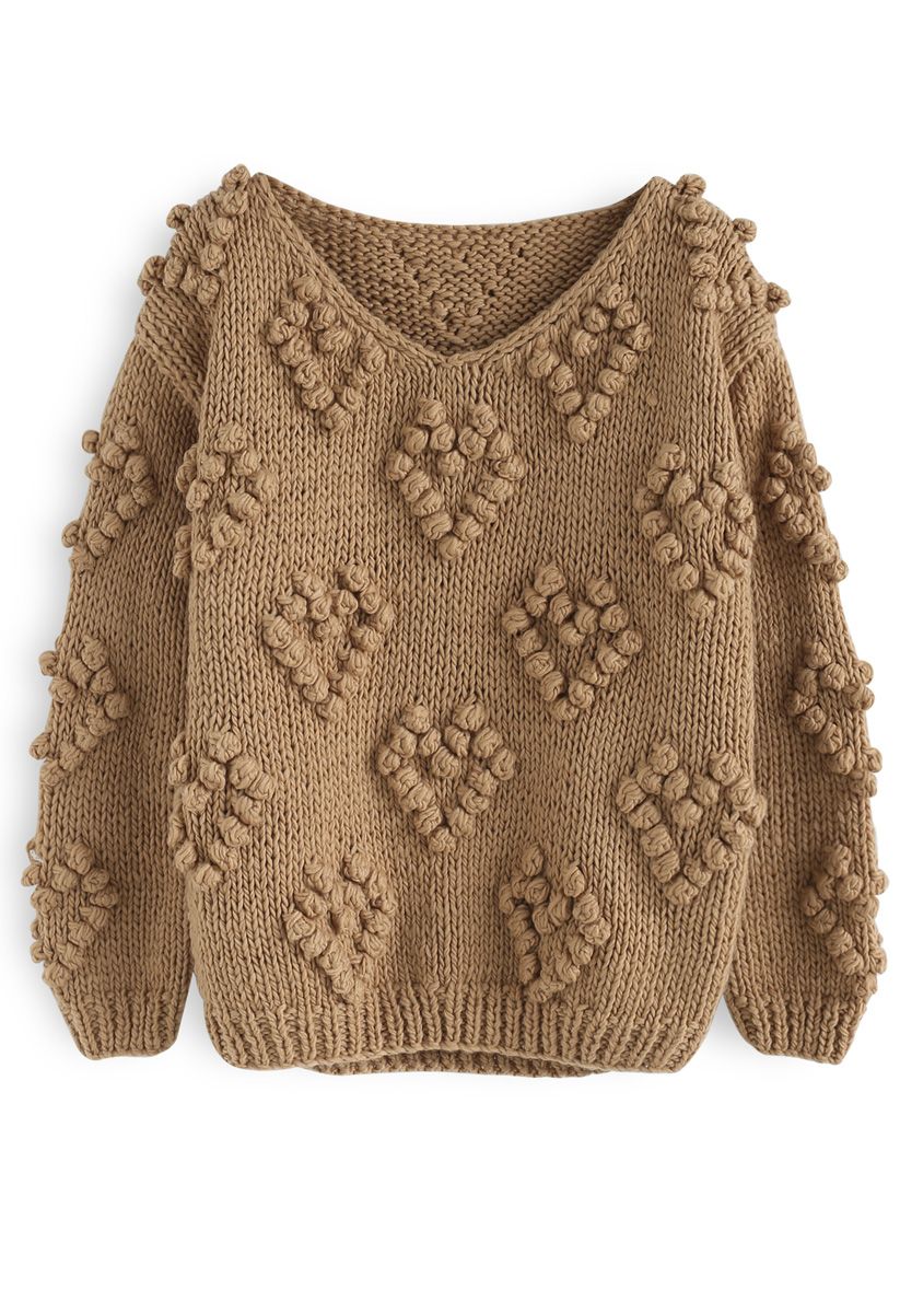 Knit Your Love V-Neck Sweater in Tan
