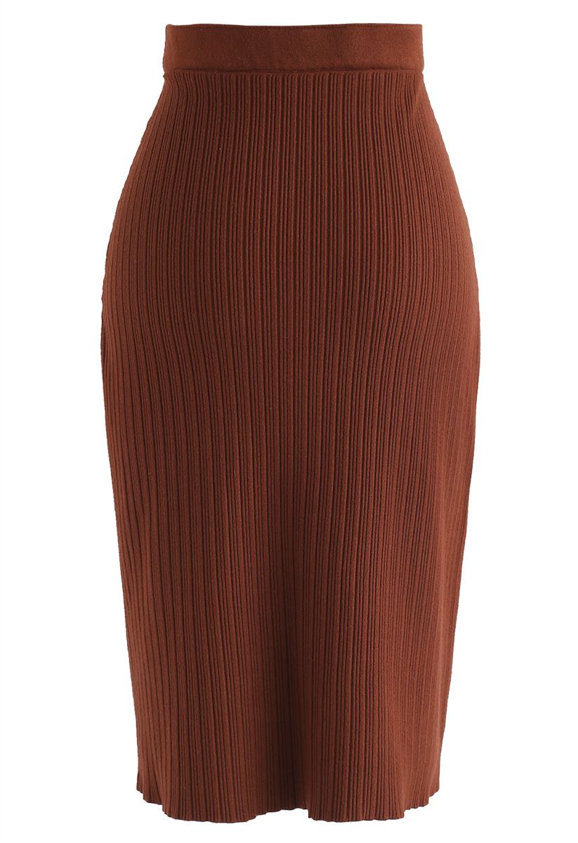 Keep It Real Ribbed Knit Pencil Skirt in Caramel