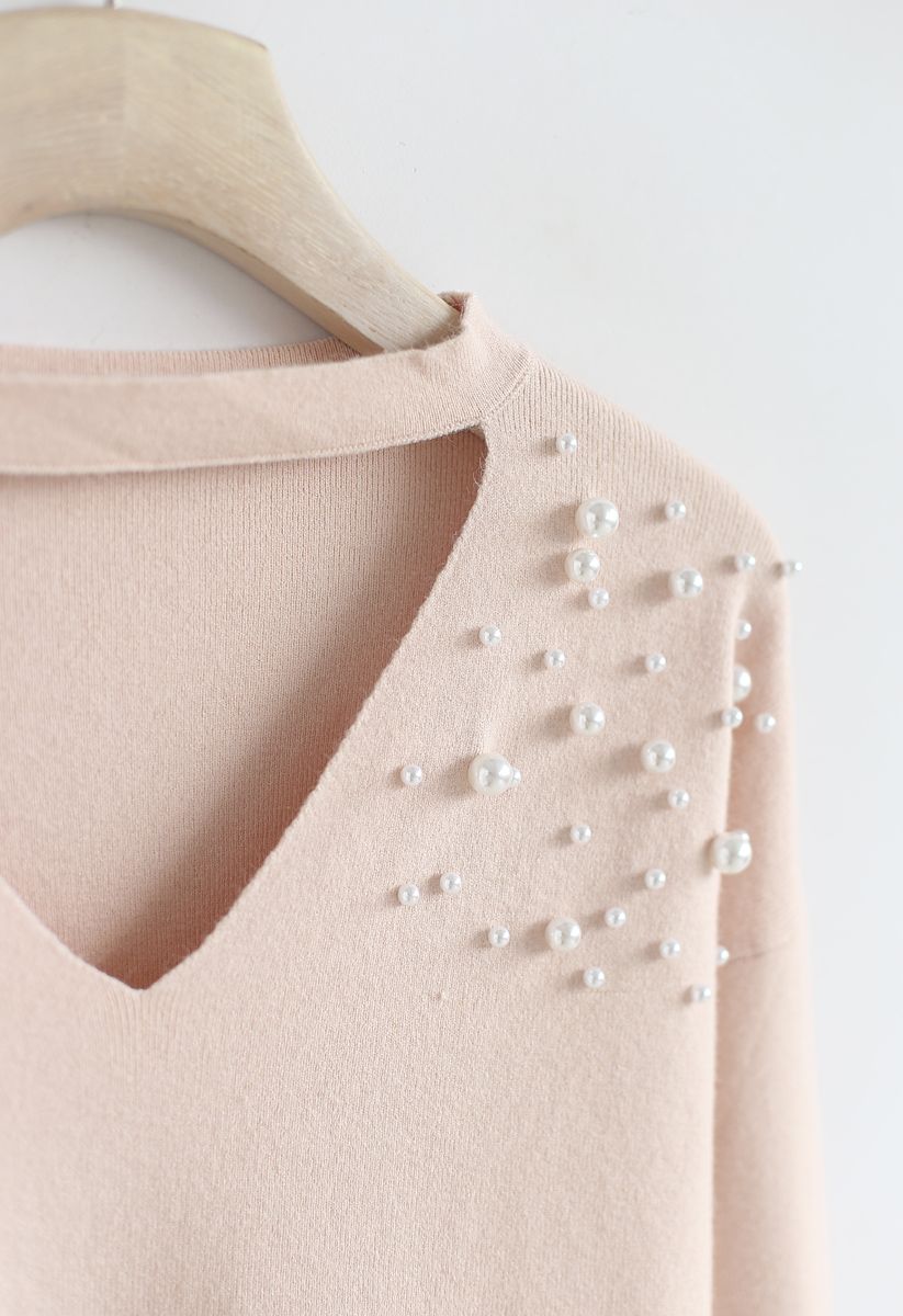 Escape the Ordinary Pearls Knit Sweater in Peach