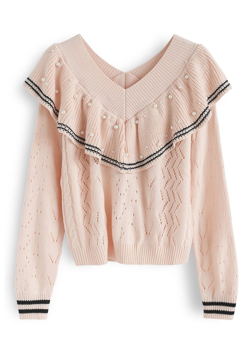 Have It All Pearls Ruffle Sweater in Pink 