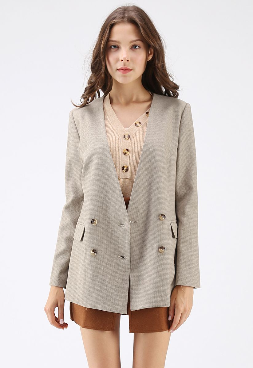 Surprise Me Double-Breasted Gingham Blazer in Light Tan