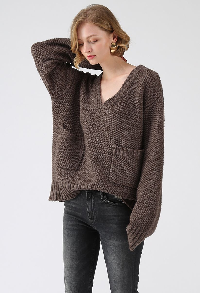Sunday Espresso V-Neck Knit Sweater in Brown