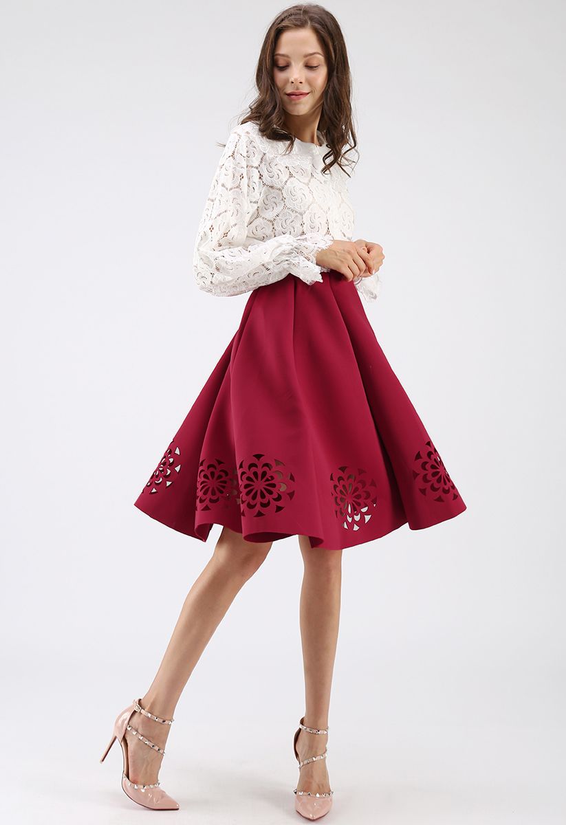 Flowery Cutout Airy Midi Skirt in Red