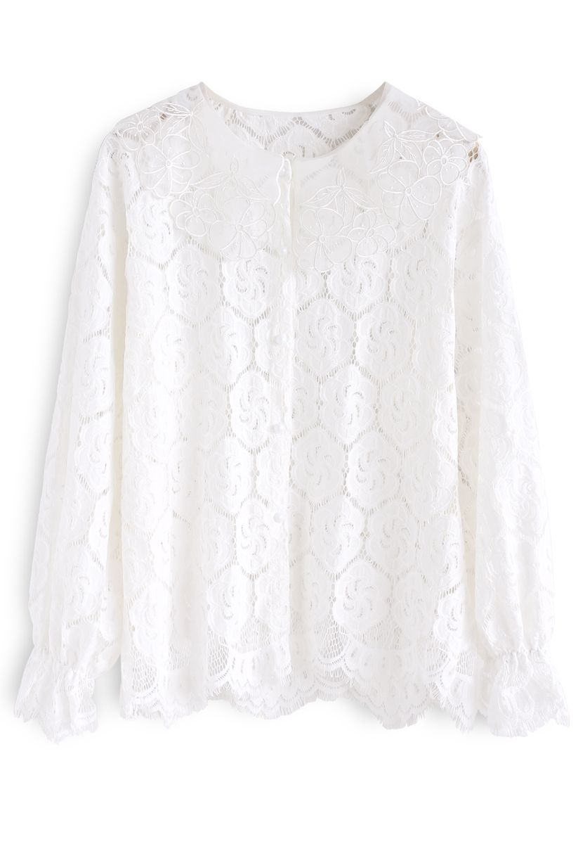 Mellow Morning Full Floral Lace Top in White