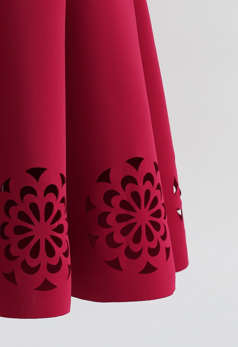Flowery Cutout Airy Midi Skirt in Red