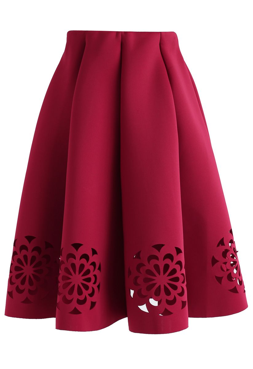 Flowery Cutout Airy Midi Skirt in Red - Retro, Indie and Unique Fashion